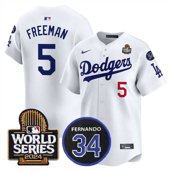 Mens Los Angeles Dodgers #5 Freddie Freeman White 2024 World Series With Fernando Memorial Patch Limited Stitched Baseball Jersey